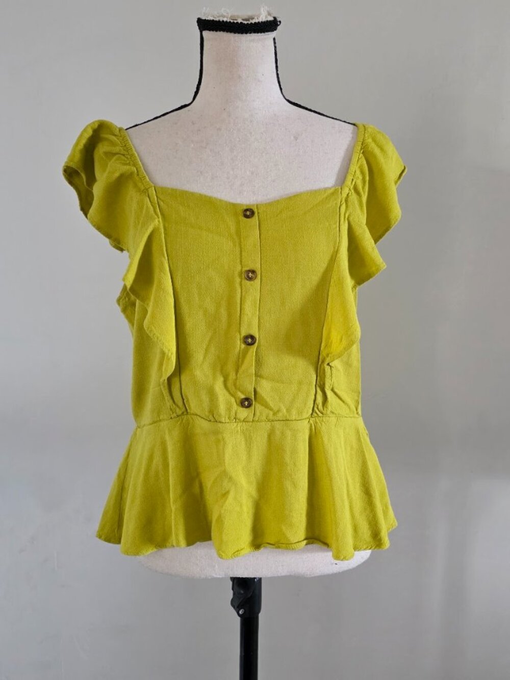Moa Moa Chartreuse Green Tie-Back Peplum Blouse - Ruffle Button Down - Size L